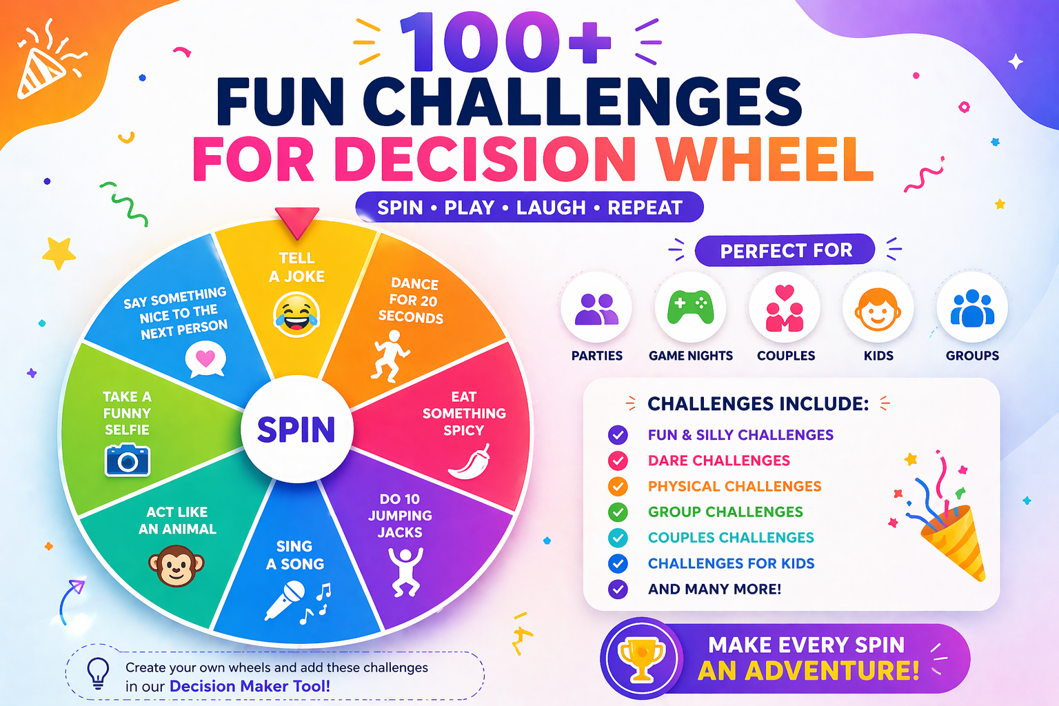 Fun decision wheel challenge ideas for games and parties