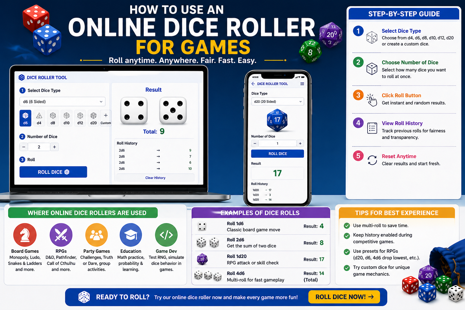 Online Dice Roller for Games Guide showing digital dice rolling on screen