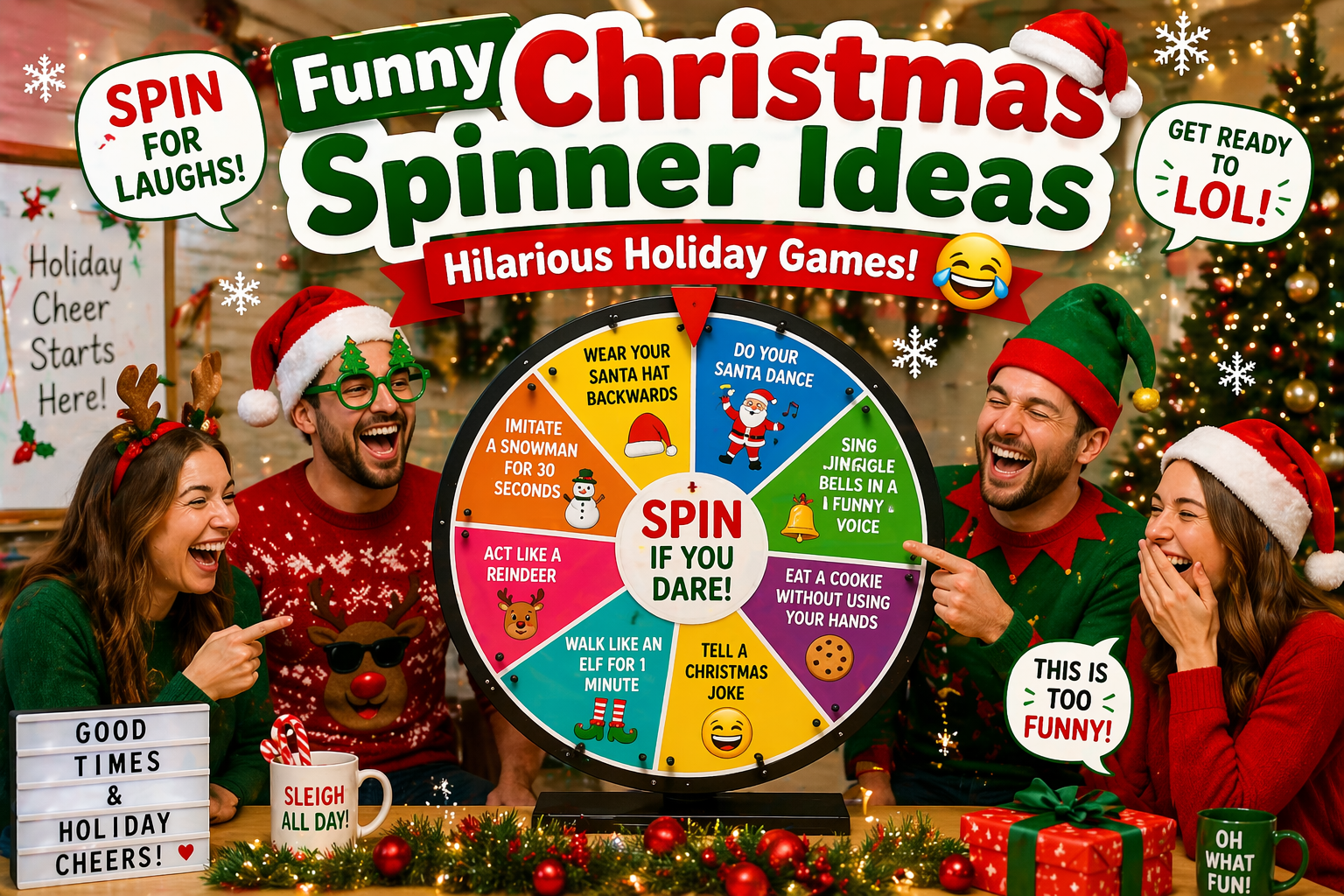 Funny Christmas spinner ideas with people laughing and playing hilarious holiday games using a spinning wheel