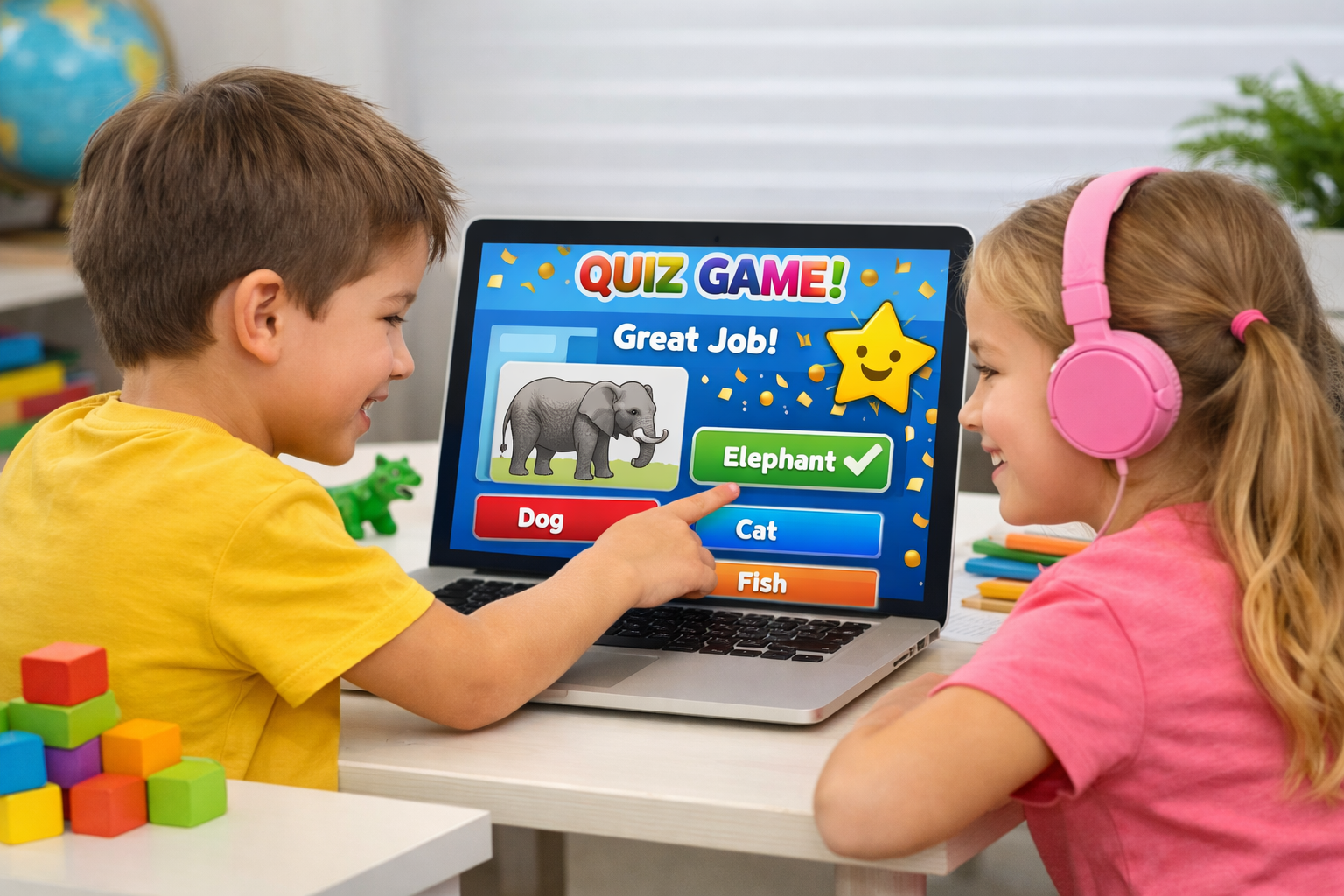Kids learning vocabulary with images and quizzes