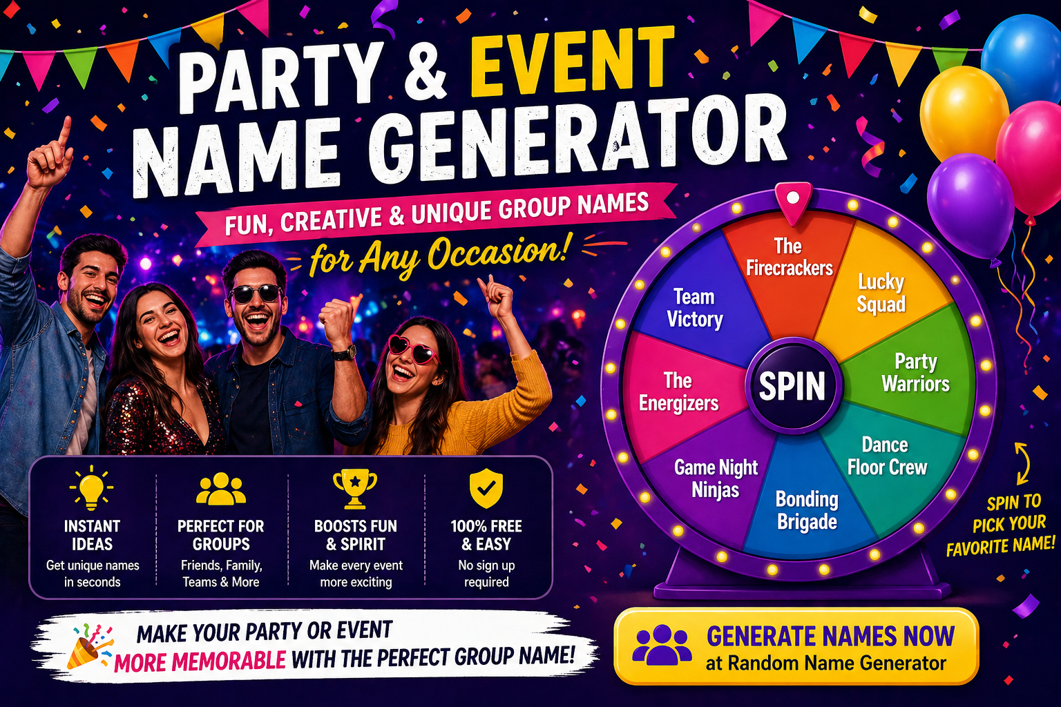 Party event group name generator ideas