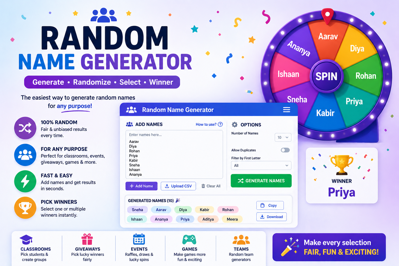 Random Name Generator tool for games, baby names, and classrooms