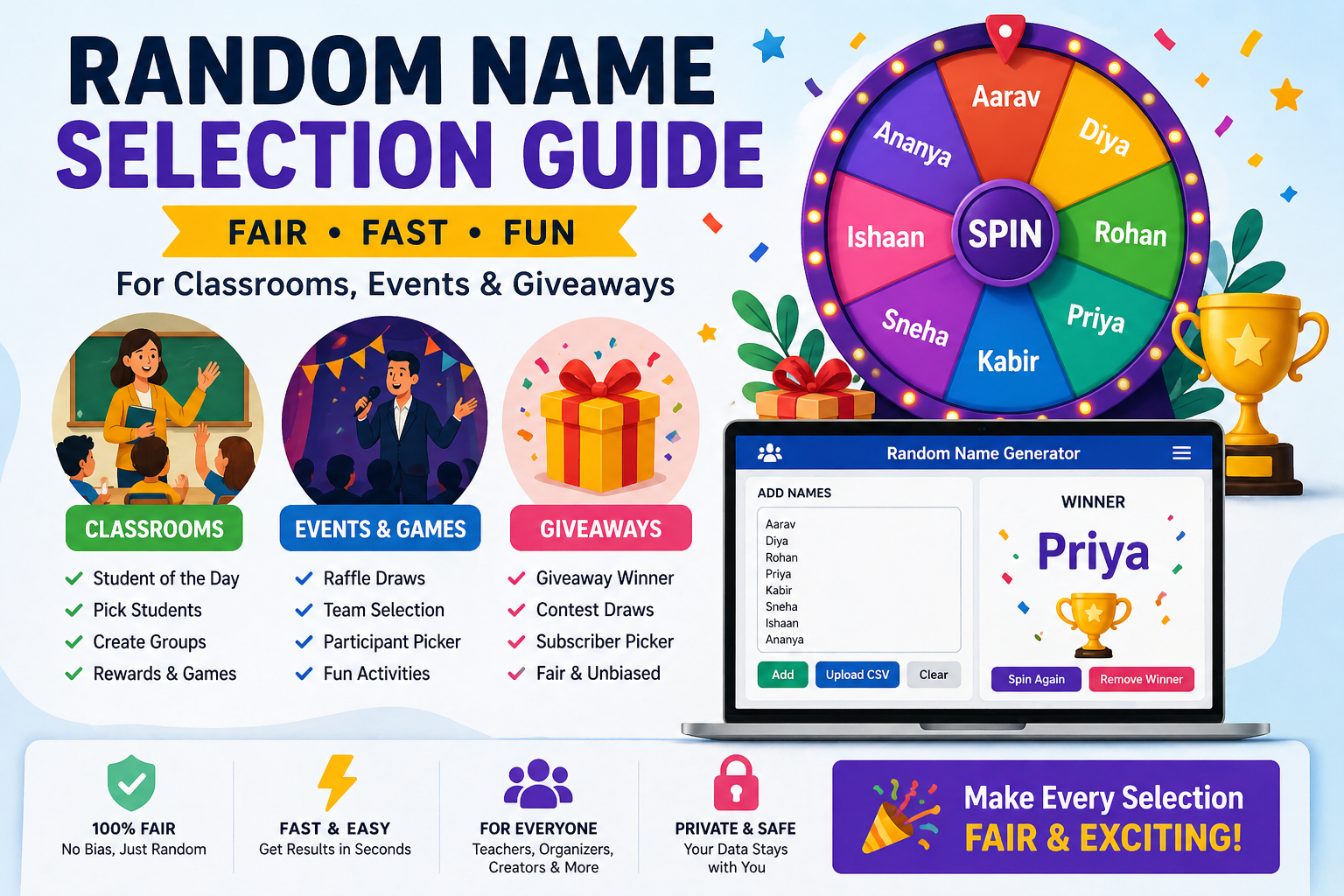 Generate random names for classroom events and giveaways