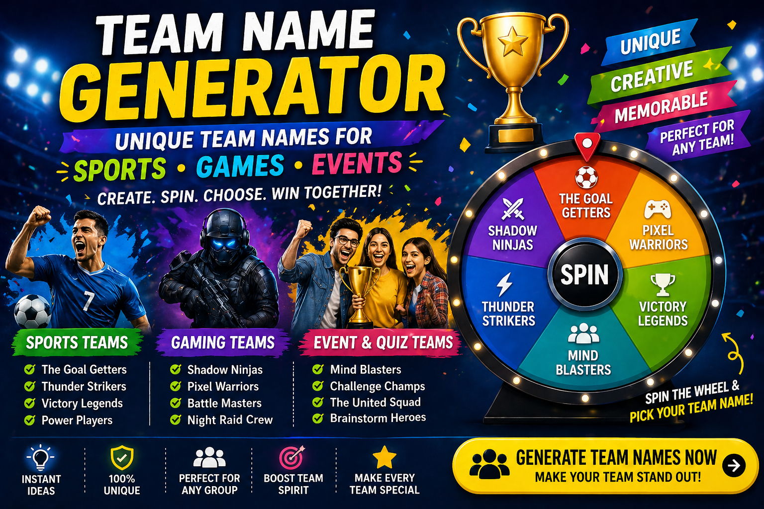 Unique team names for sports, games and events
