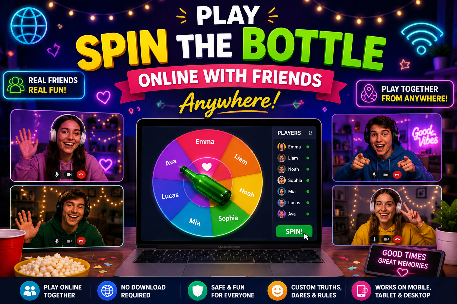 Play Spin the Bottle online with friends anywhere via screen share on video calls