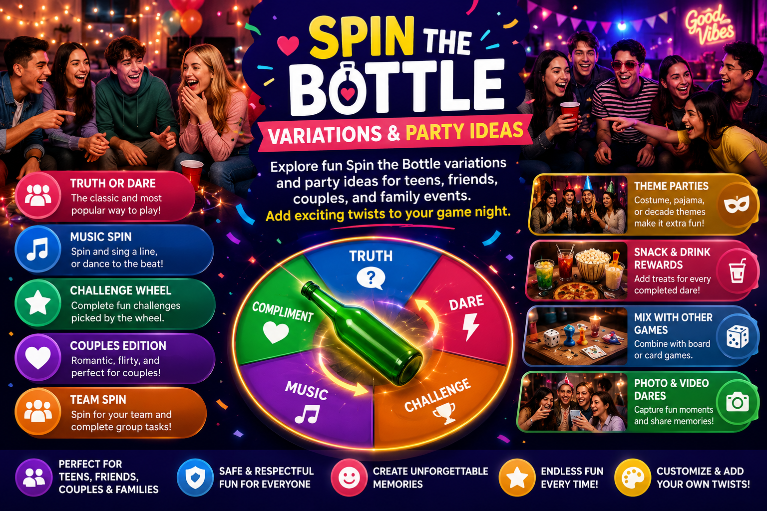 Spin the Bottle game variations including party mode, couples mode, and truth or dare