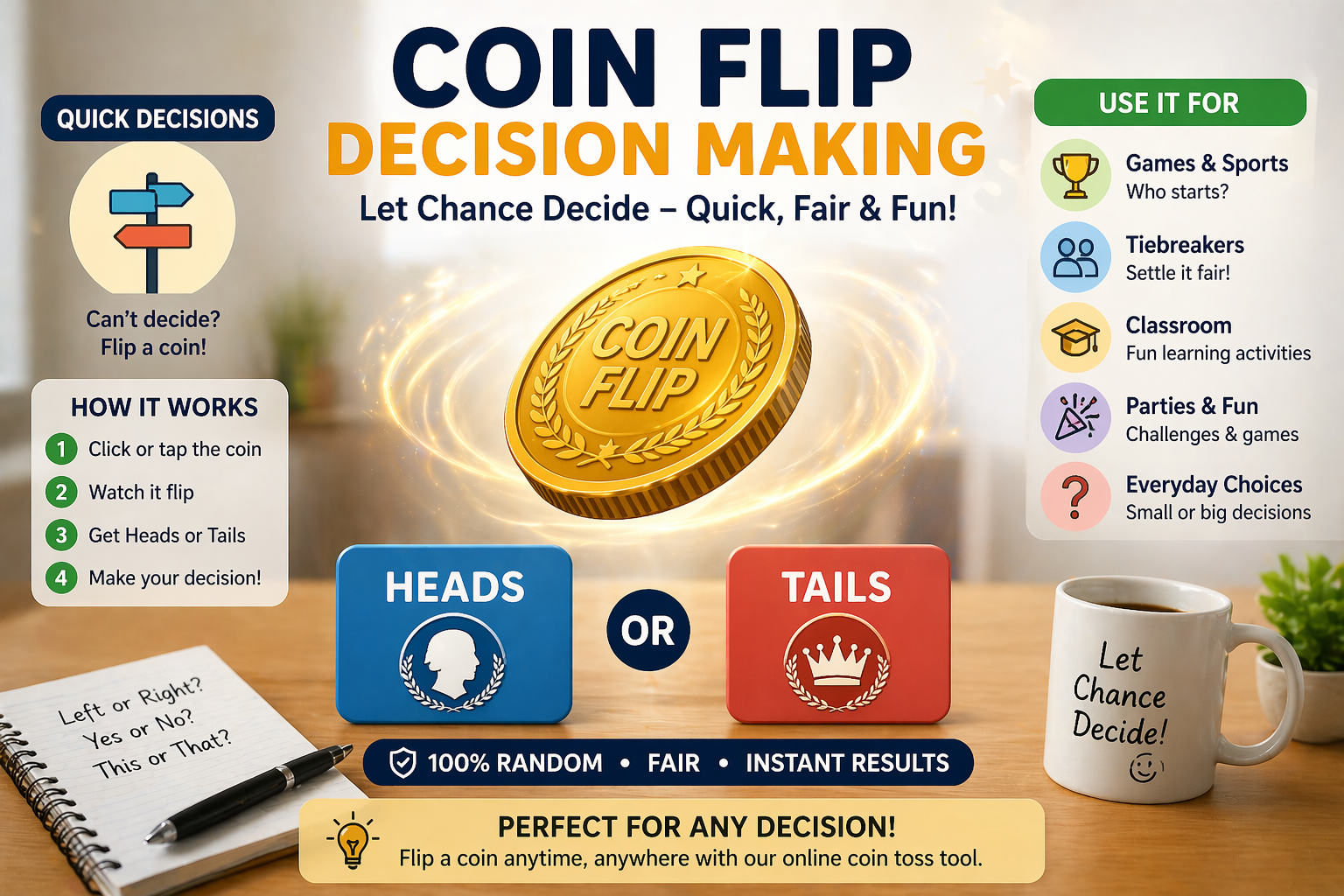 Using coin flip tool for decision making and games
