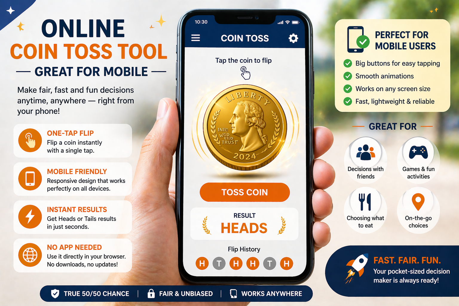 Mobile coin toss tool flip coin on phone easily